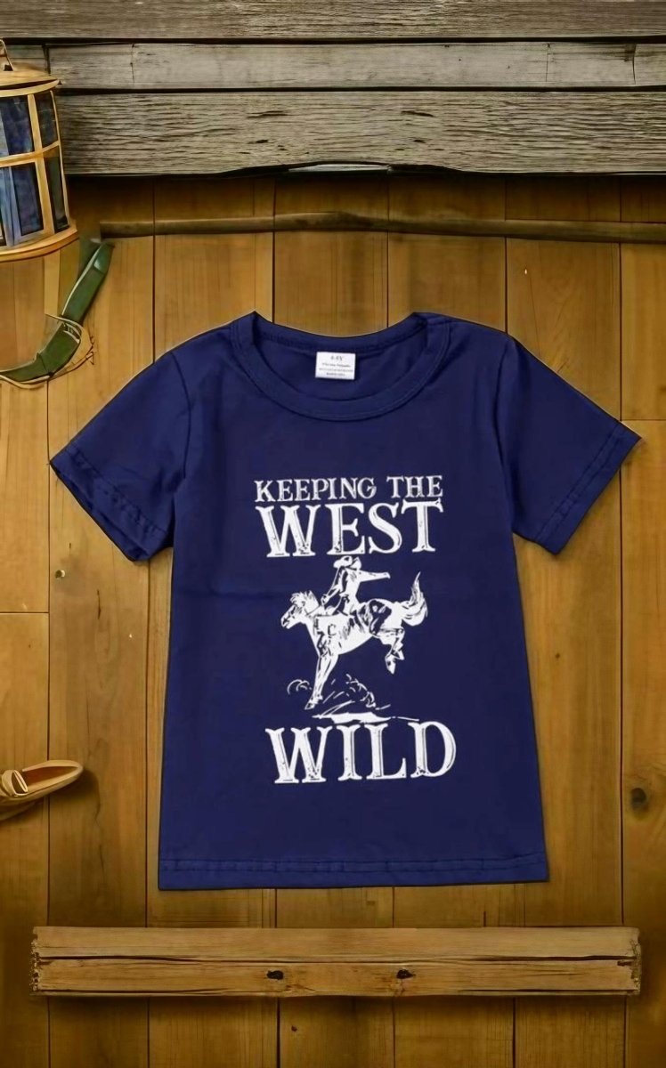 Navy Bucking Bronco graphic western tee for kids, ideal for little cowboys and cowgirls.
