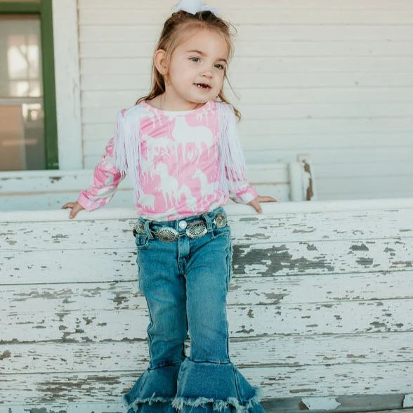 Grazing Horses Long Sleeve Fringe Dress Onesie for Baby Cowgirls image 0