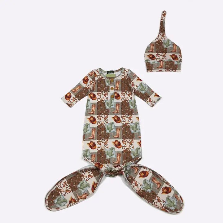 Little Ranch Hand Knotted Baby Gown & Hat Set | Newborn Western Wear