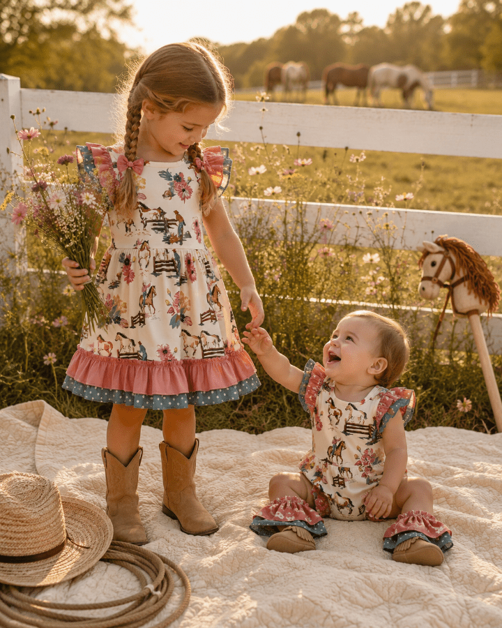 Cowgirl Horse & Floral Print Baby Romper with Ruffle Legs