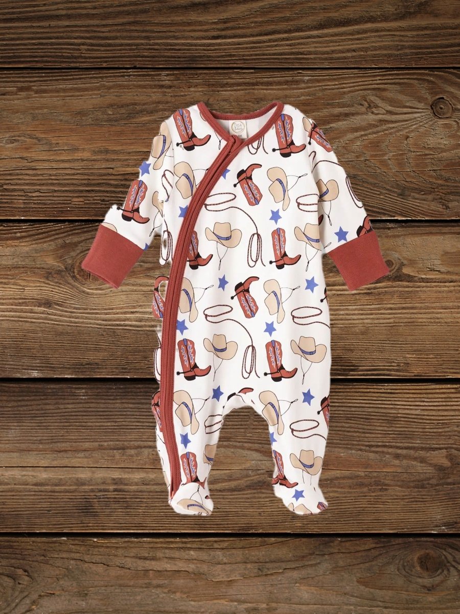 Bamboo baby romper with western theme folded flat