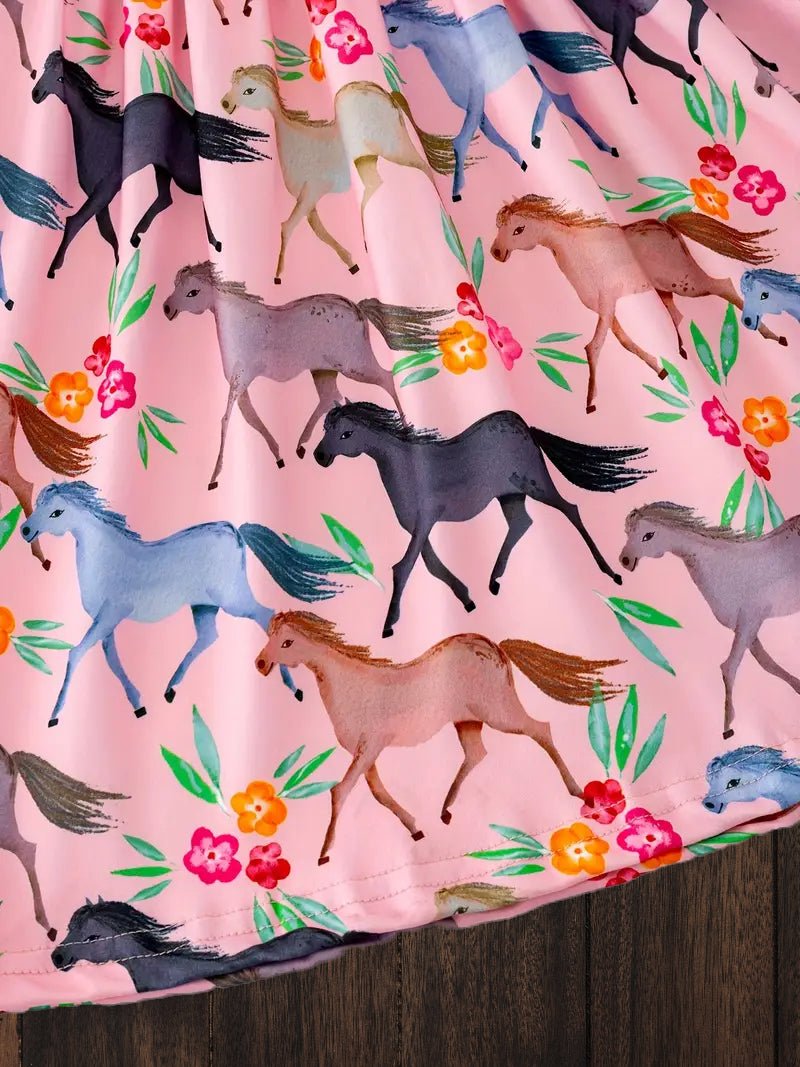 Close-up of floral pony print on girls cowgirl dress