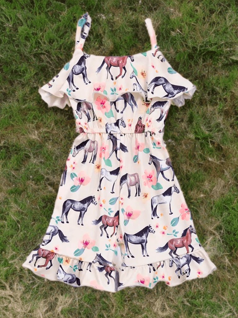Lil' Cowpoke Horse & Blossom Ruffle Jumpsuit – Western Kids Style image 0
