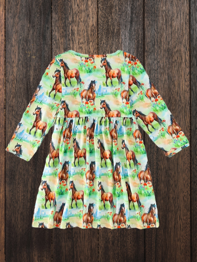 Galloping Grace: Green Horse Print Casual Dress image 1