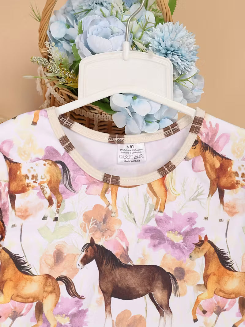 Girl's Countryside Charm Set – Horse & Flower Print Dress with Plaid Lace Pants