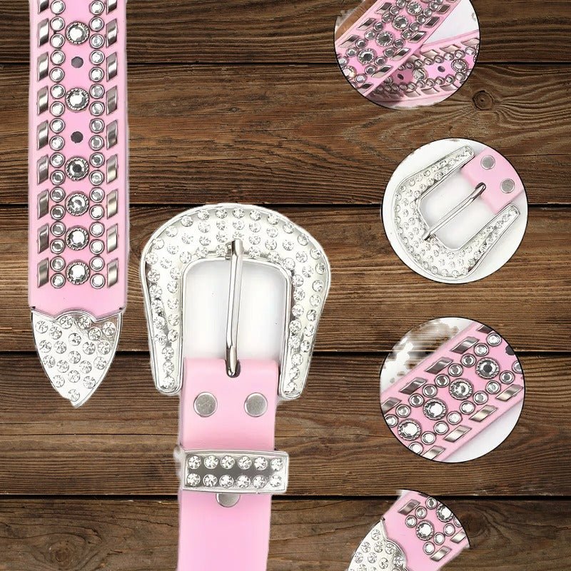 Close-up details of pink rhinestone cowgirl belt buckle, tip, and sparkling accents.