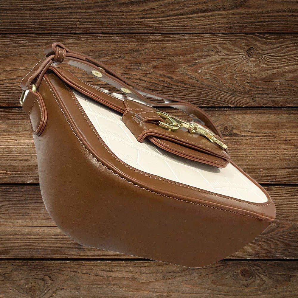 Side view of equestrian style vegan crossbody bag