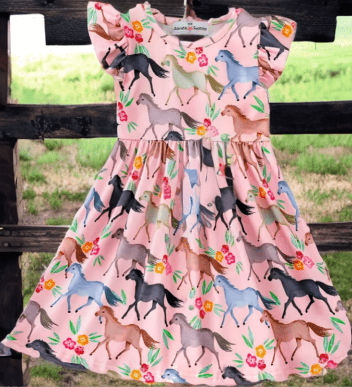 Girls floral western dress with pony print and frilly sleeves