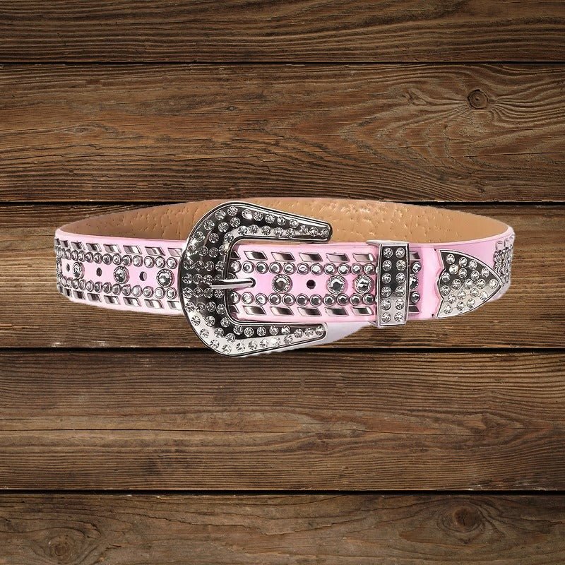 Front view of pink rhinestone cowgirl belt featuring silver buckle and Western details.