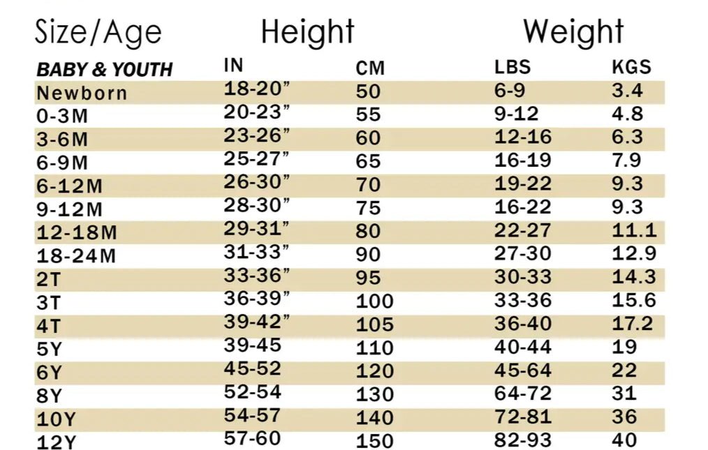 Size chart for Giddyup Bamboo Baby Outfit