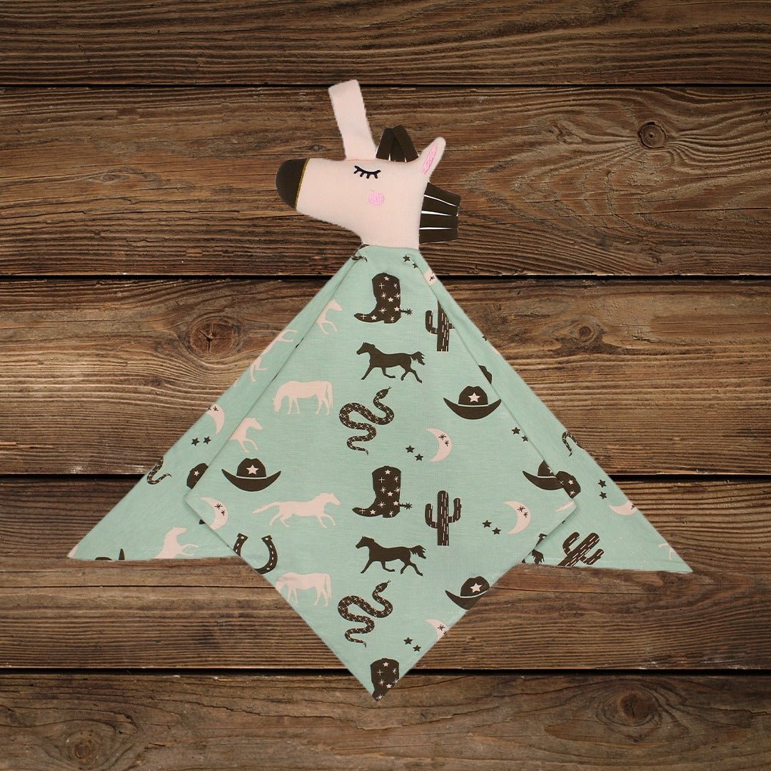 Giddyup bamboo baby blanket with cuddly horse flat