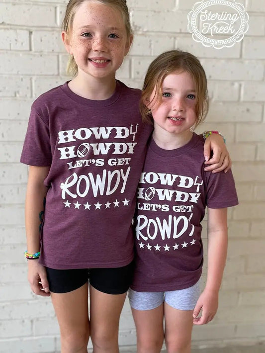 Two girls wearing maroon Howdy Howdy Let’s Get Rowdy western kids tees with football graphic.