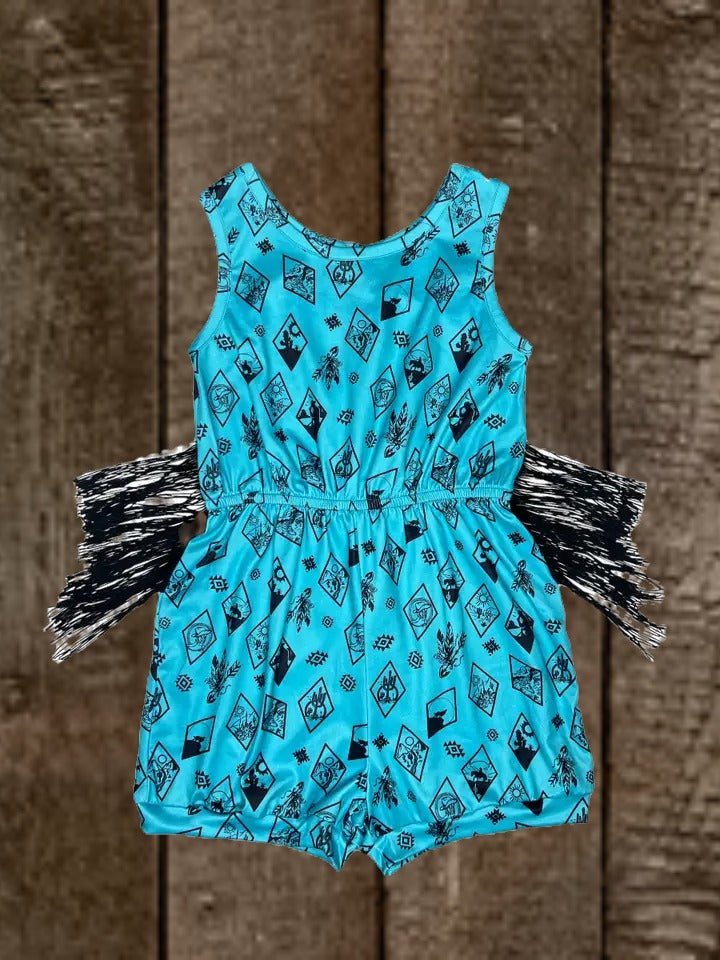 Flat lay of turquoise diamond-pattern romper with flutter sleeves