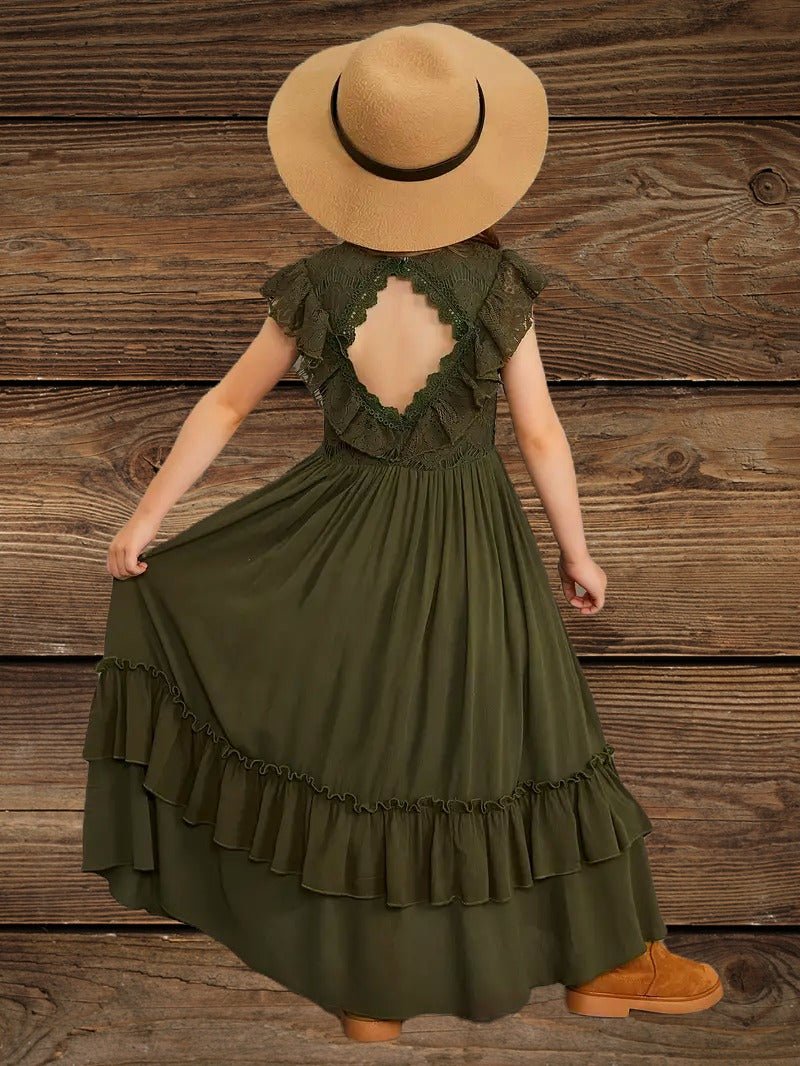 Olive green high-low cowgirl dress for kids