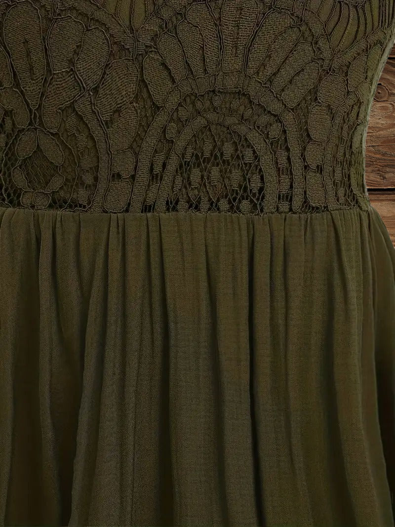Close-up detail of floral lace on green western maxi dress for girls