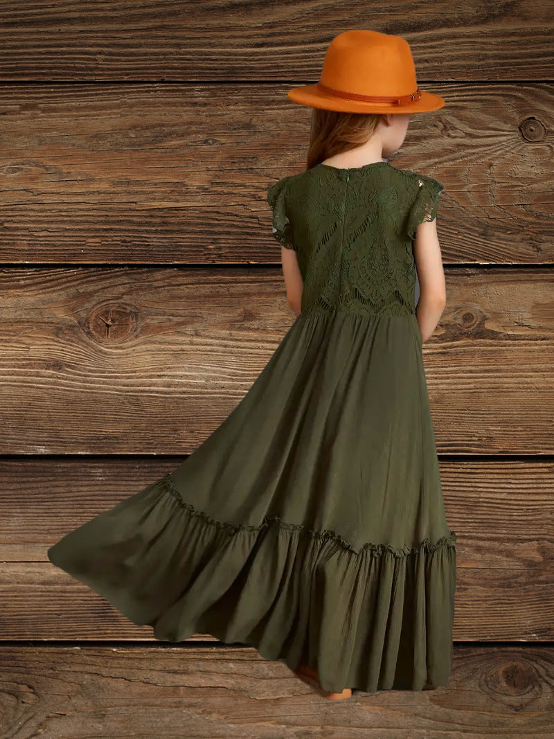 Back view of green western floral lace maxi dress for girls