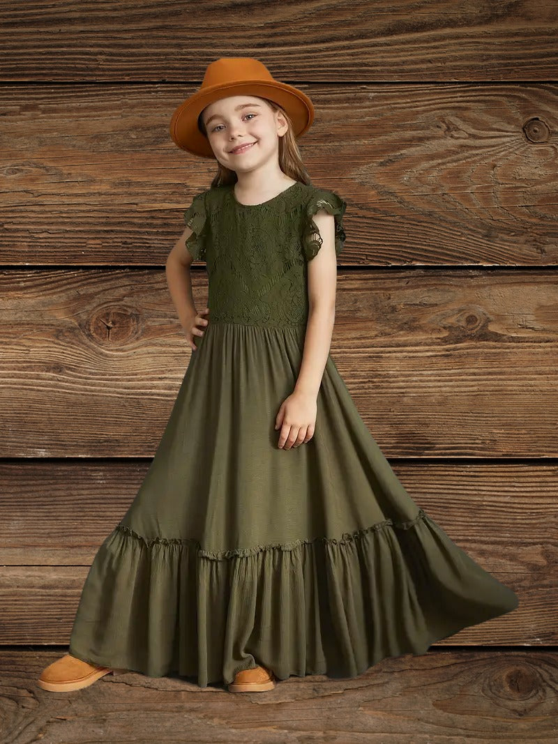Girl in green western floral lace maxi dress for girls, front view