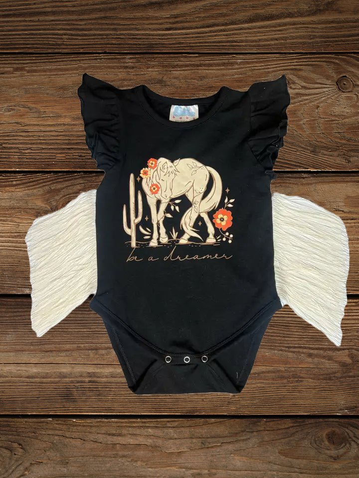 Flat lay of “Be A Dreamer” horse fringe tank for kids