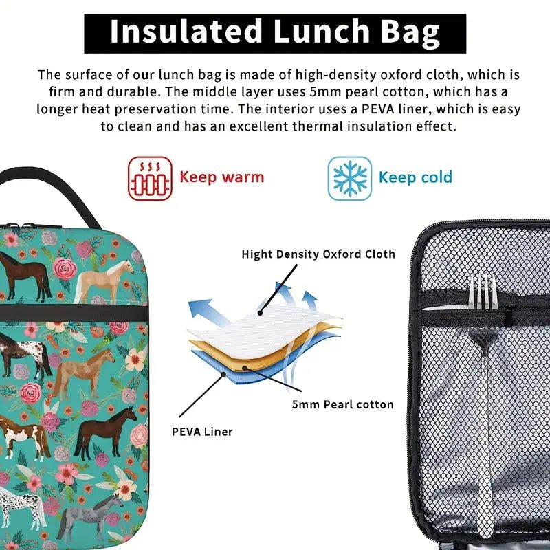Details of horse lunch box for girls showing buckle handle, front pocket, mesh side pocket