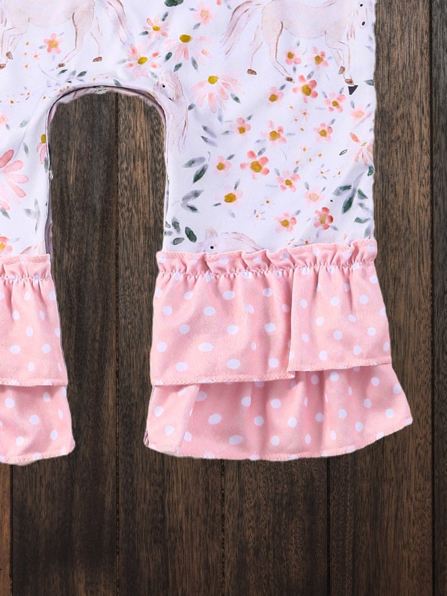 Floral and horse print baby romper with pink ruffle cuffs, perfect for infant horse gifts.