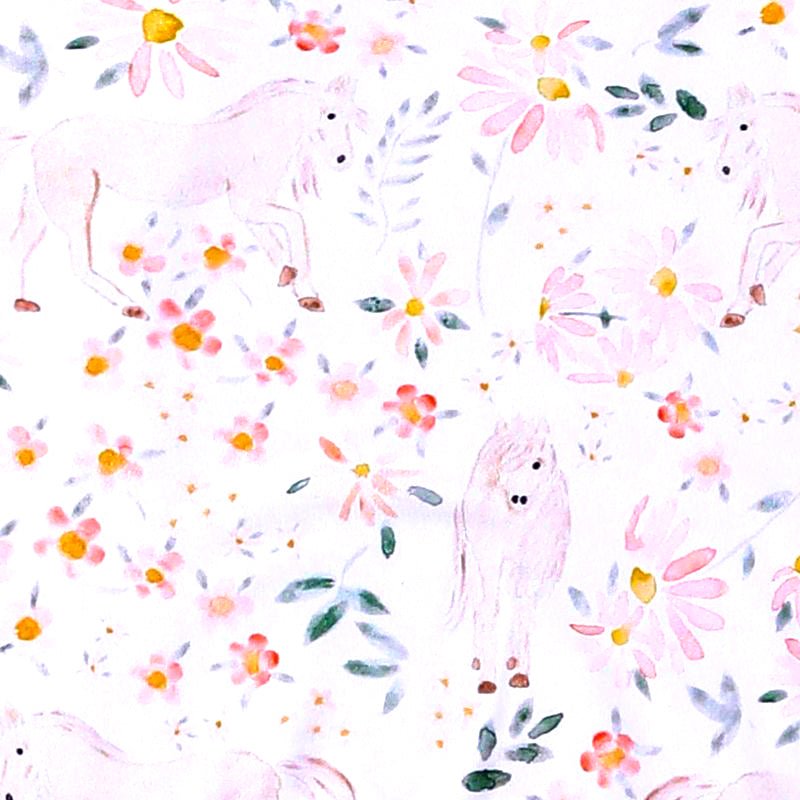 Baby romper fabric with pastel horses and flowers, ideal for infant horse gifts.