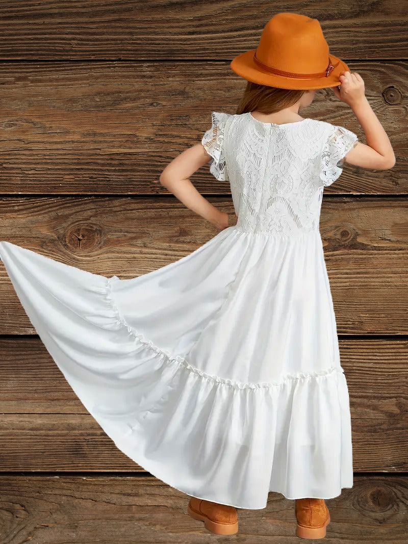 Ivory western floral lace maxi dress for girls, back view with hat