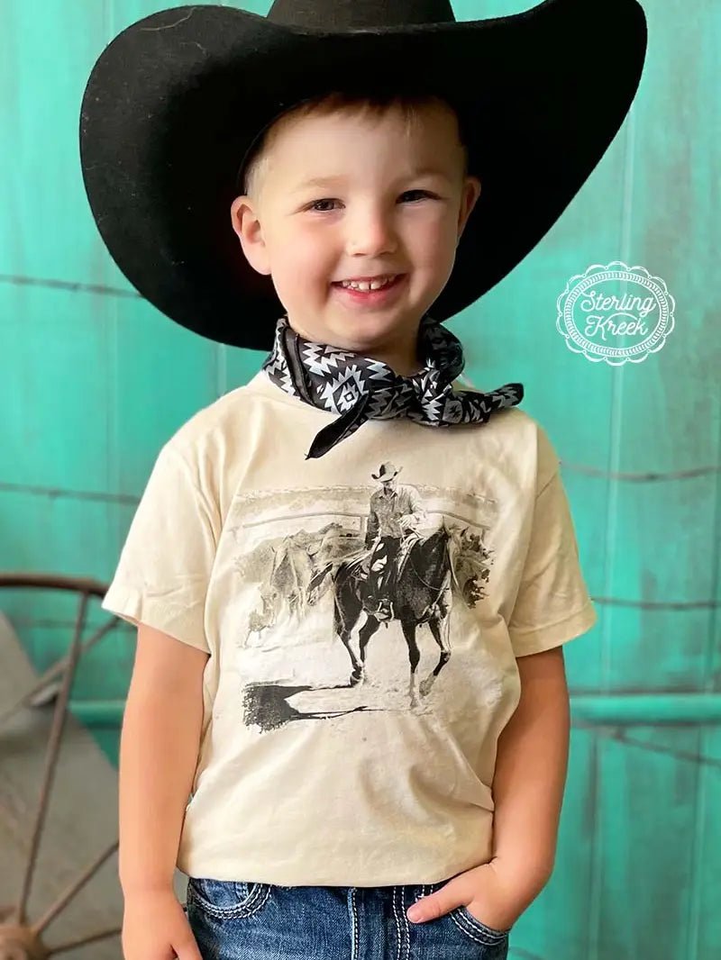 Ft Worth Wild Rag - A Classic Western Accessory for Little Wranglers, Boy in black and grey Ft Worth wild rag and cowboy hat