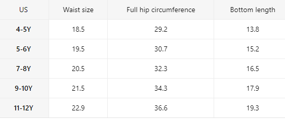 Size chart for western kids cowboy beach shorts