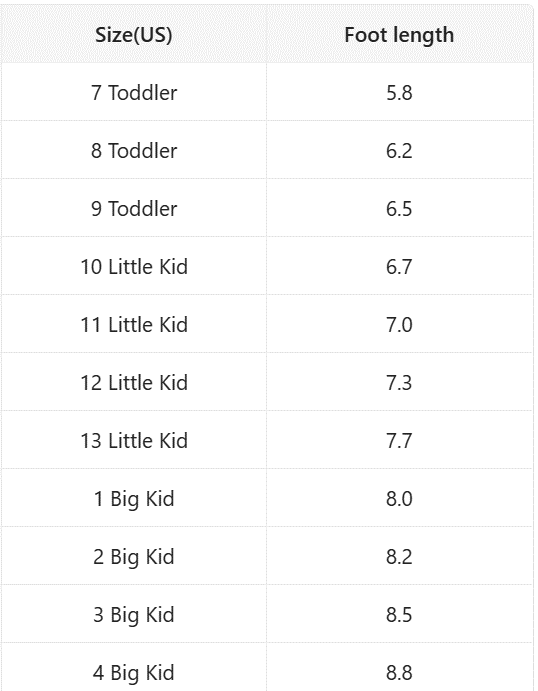 Kids boot size chart with foot length measurements