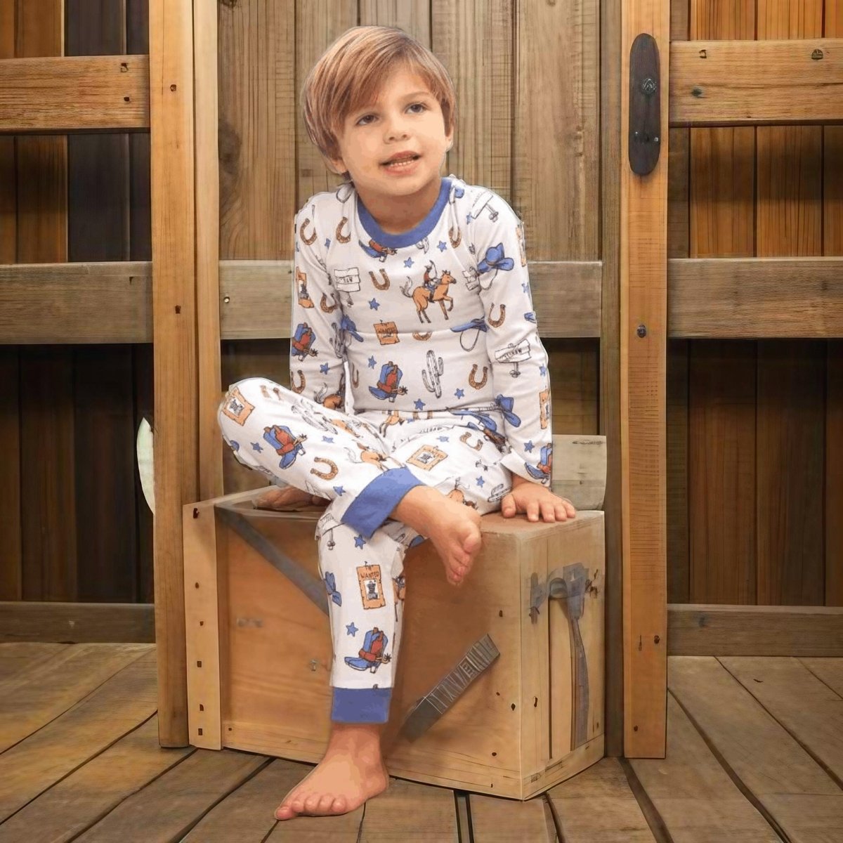 Kid in giddyup western bamboo pajama set