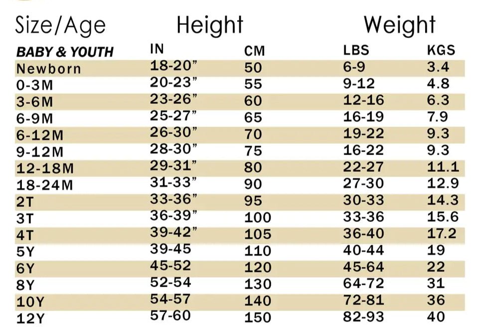 Size chart for giddyup western pajama set
