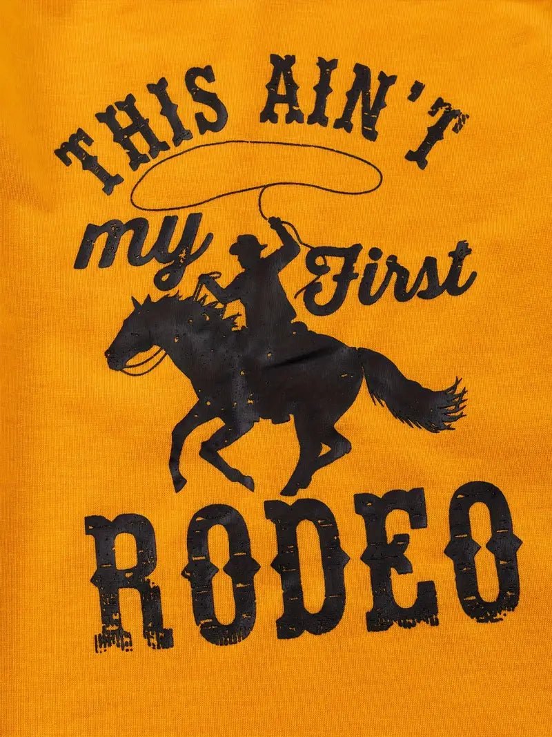Close-up of rodeo shirt text and horse lasso graphic for kids