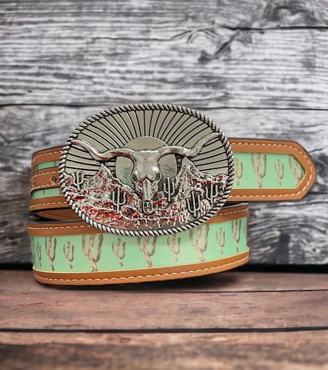 Children’s Western Belt with longhorn skull buckle and cactus print, printed kids belt for little cowboys and cowgirls