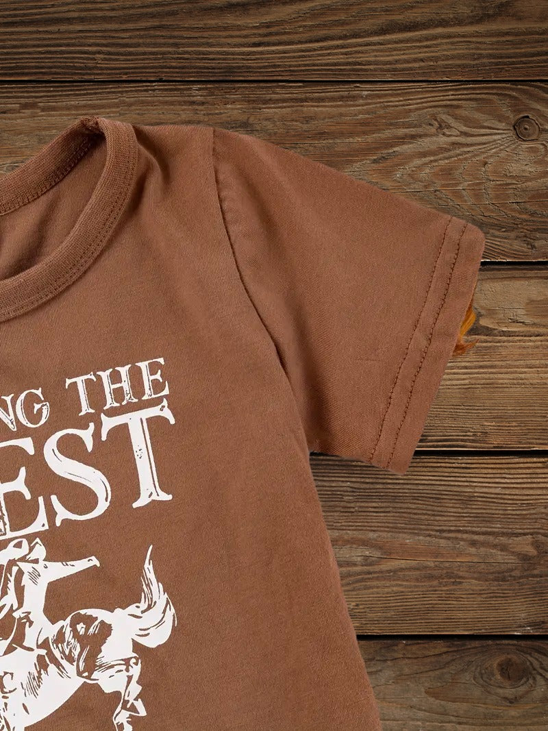 Side view of kids western tee in brown, comfortable and breathable western tee for kids.
