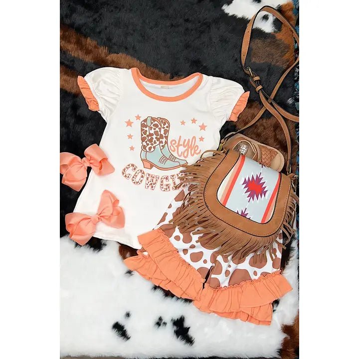 Girls' short set with cow print ruffle shorts and western top