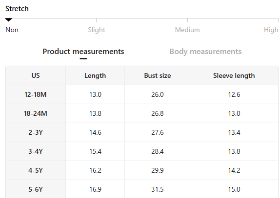 Size chart for Little Wrangler Raw Hem Denim Jacket with measurements for length, bust, and sleeve