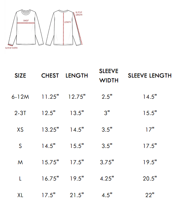 Size chart for Mini Badlands Pullover showing measurements for kids’ western-inspired Aztec sweaters.