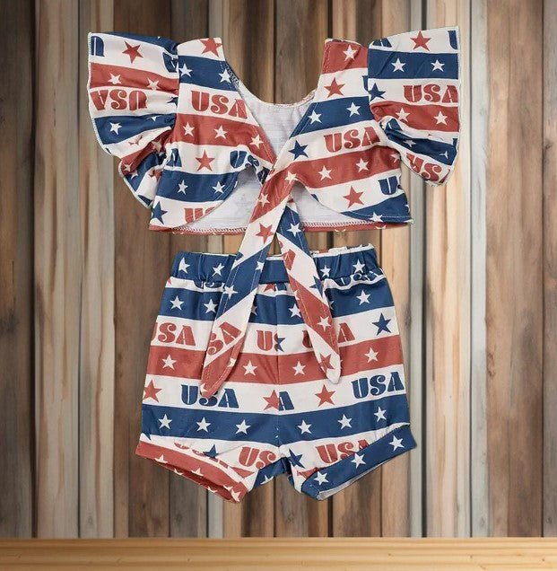 Baby summer outfit with red, white, and blue USA graphics