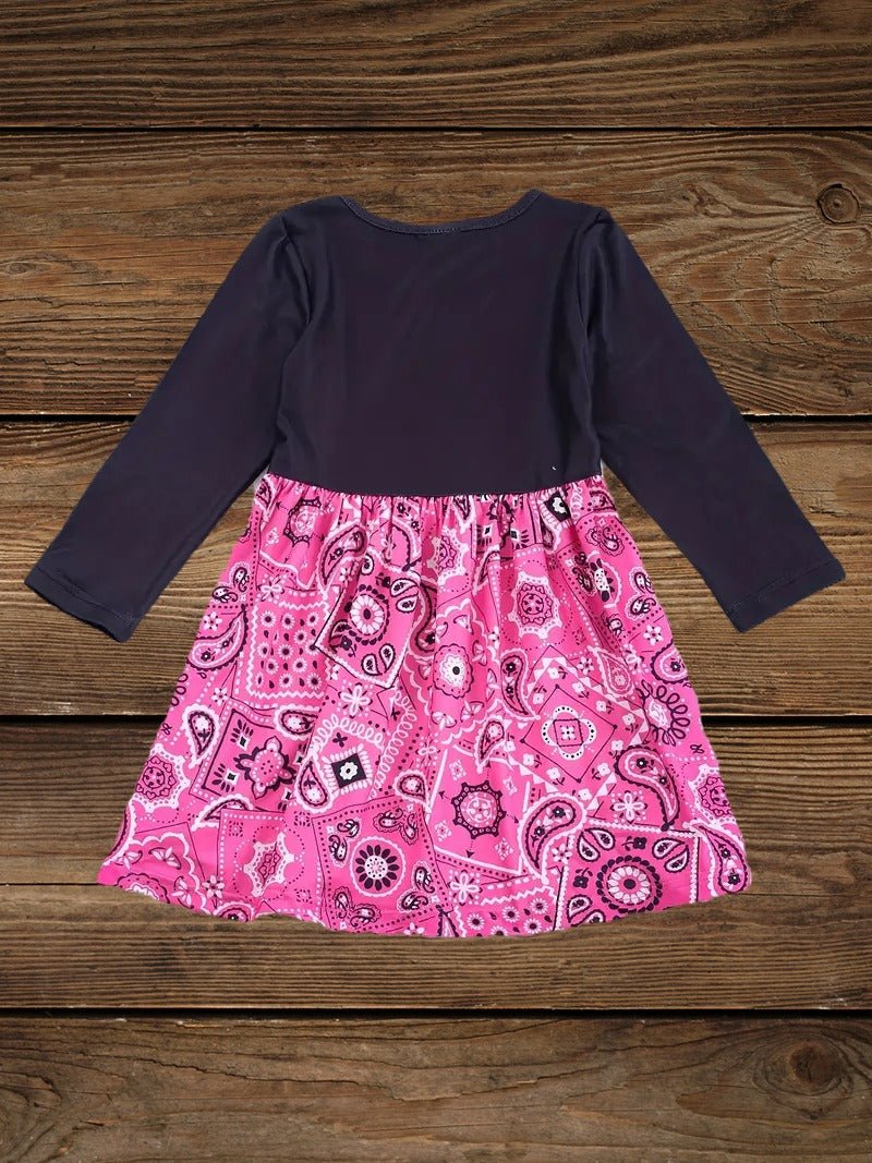 Back view of girls pink bandana print cowgirl dress with long sleeves, Western dress for toddlers and girls.