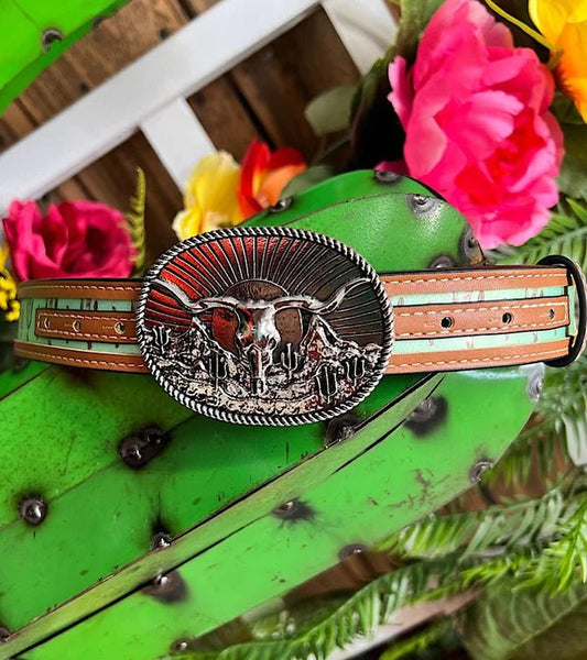 Printed kids western belt with longhorn skull buckle and green cactus background — unique Children’s Western Belt with longhorn charm