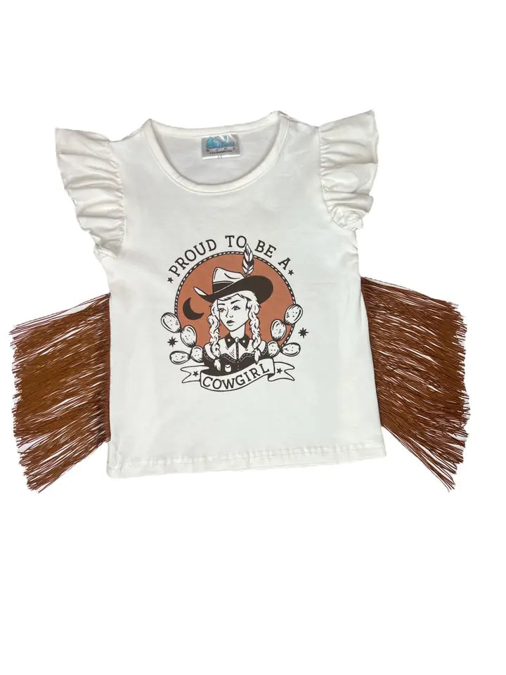 Front view of Proud Cowgirl Spirit fringe tee flat lay