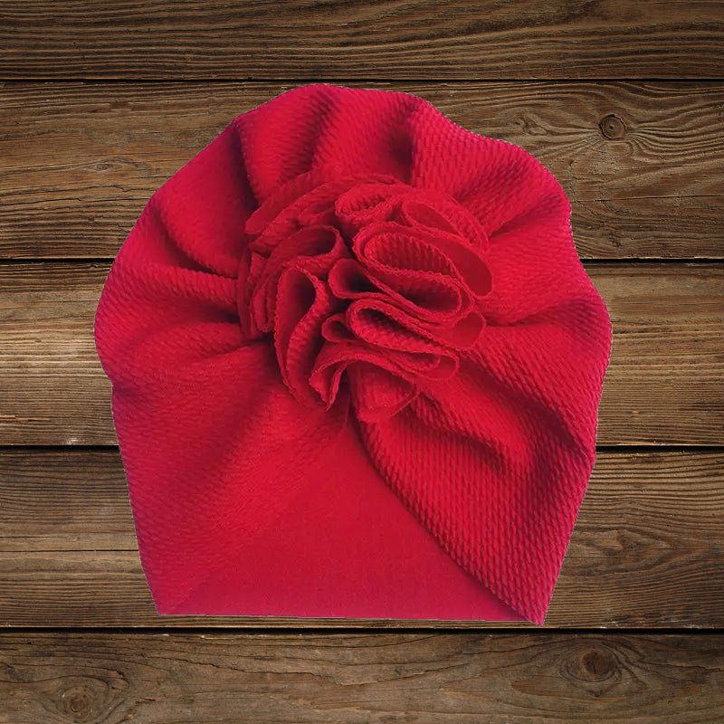 Red baby turban hat with floral knot in front
