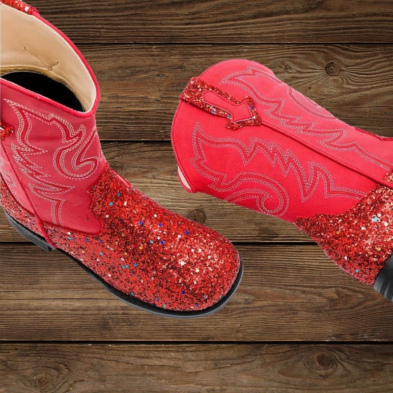Red glitter cowgirl boots with square toe and Western stitching