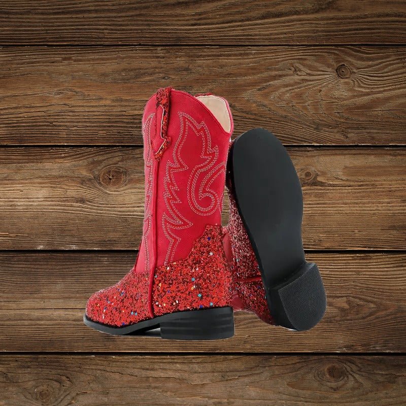 Red glitter Western cowgirl boots front and sole view