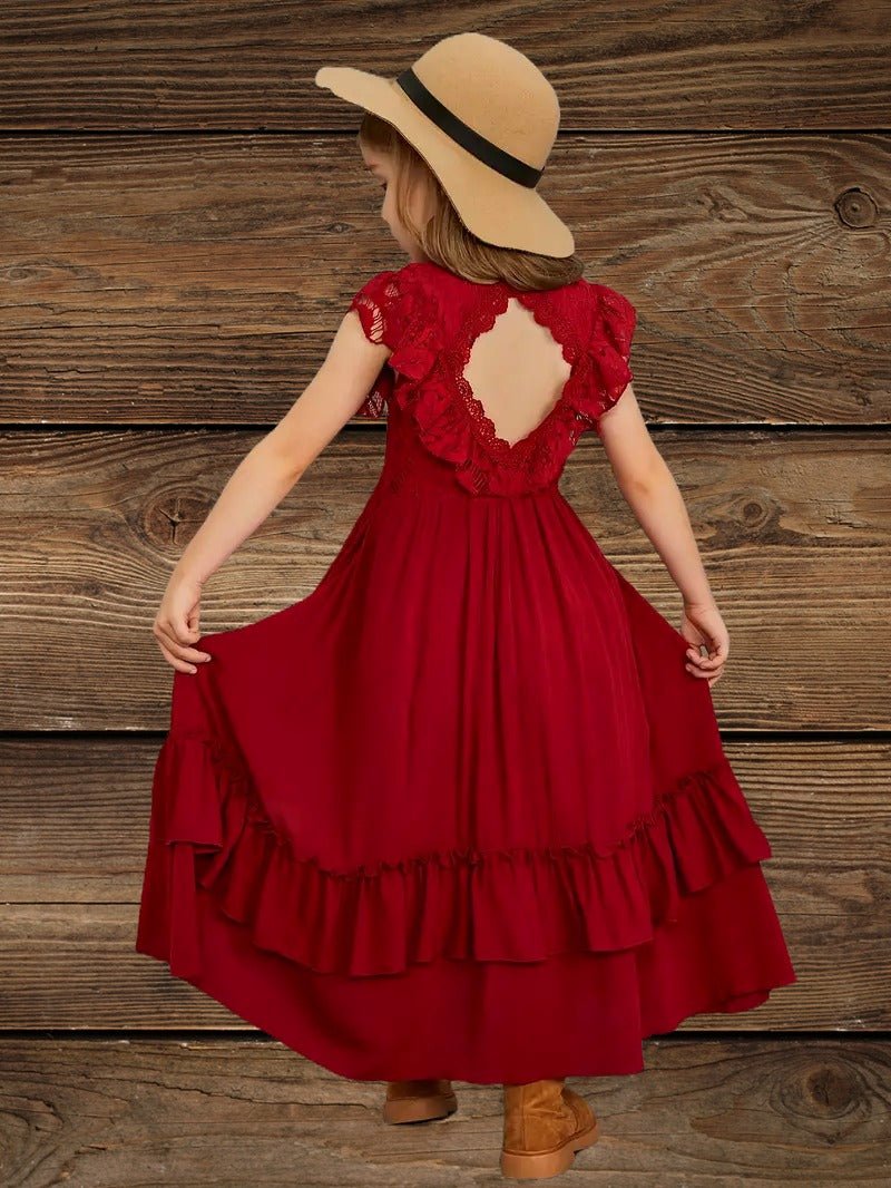 Back view of red lace high-low cowgirl dress