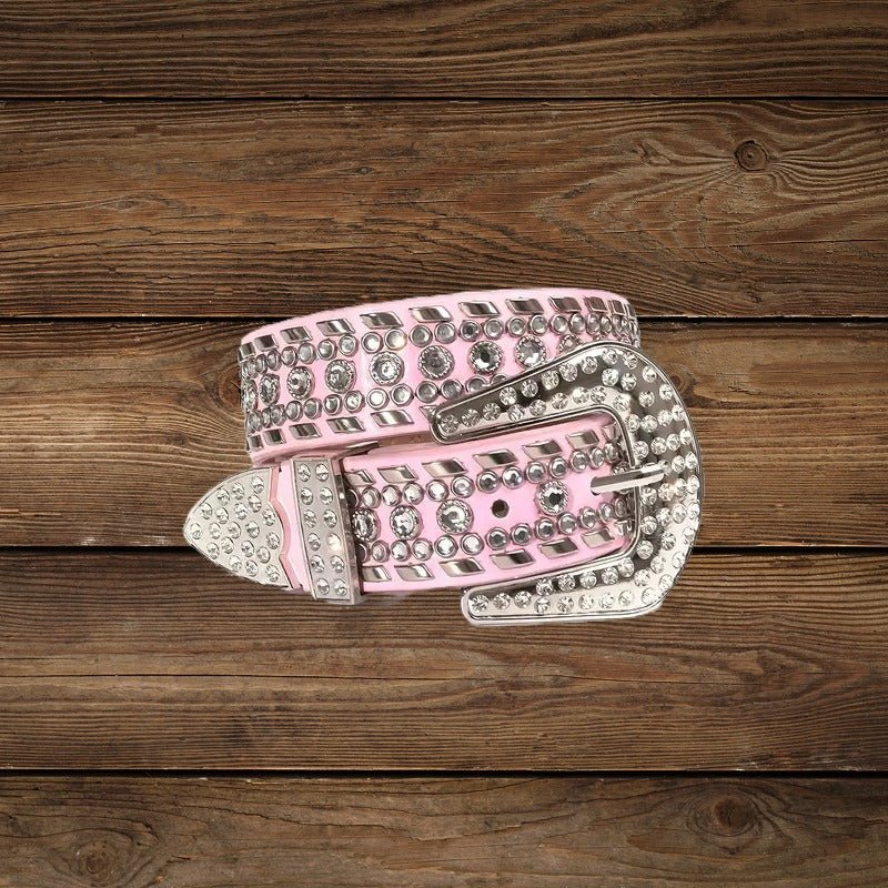 Rolled pink rhinestone cowgirl belt with silver Western buckle and studs.