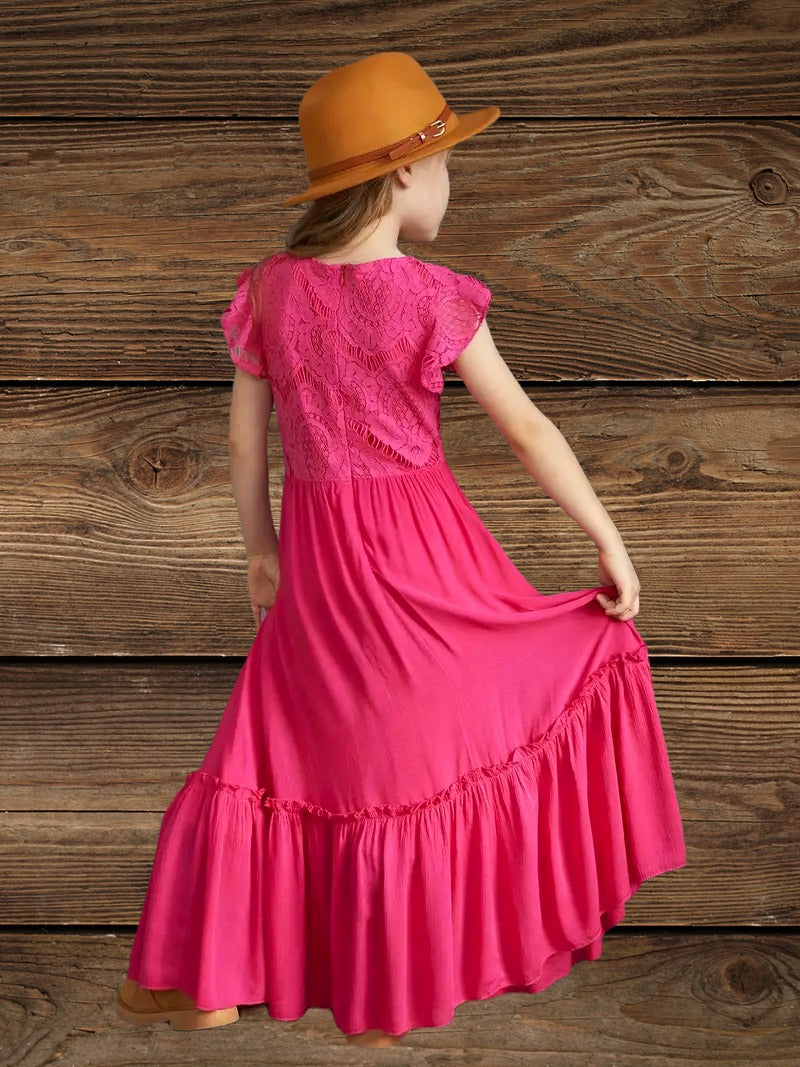 Back view of pink western floral lace maxi dress for girls with hat