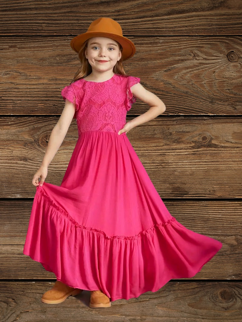 Girl in rose red western floral lace maxi dress for girls, front view