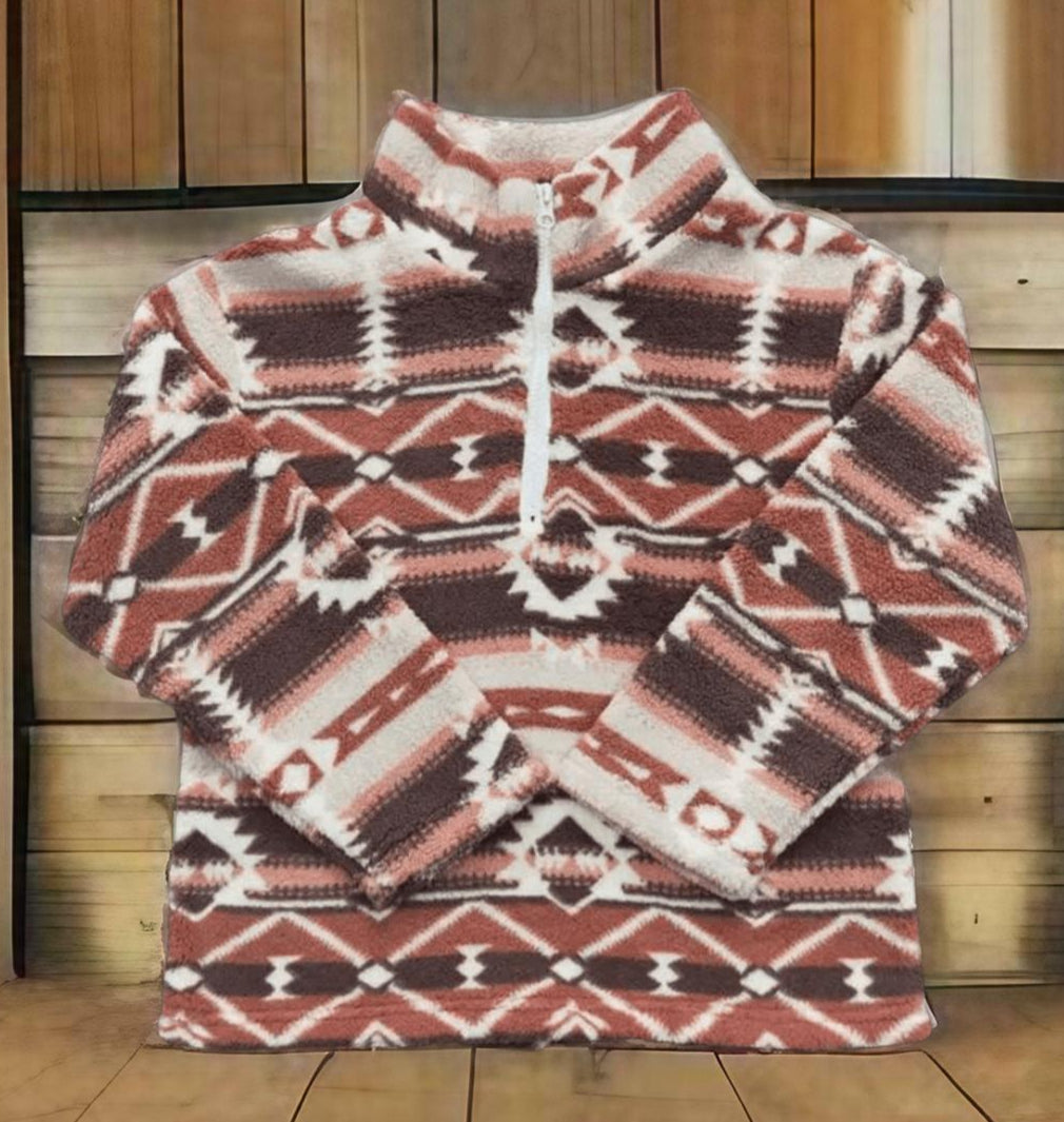 Rust Brown Aztec Western Sherpa Pullover for kids, cozy western kids pullover with bold Aztec print, perfect for cowboy adventures.