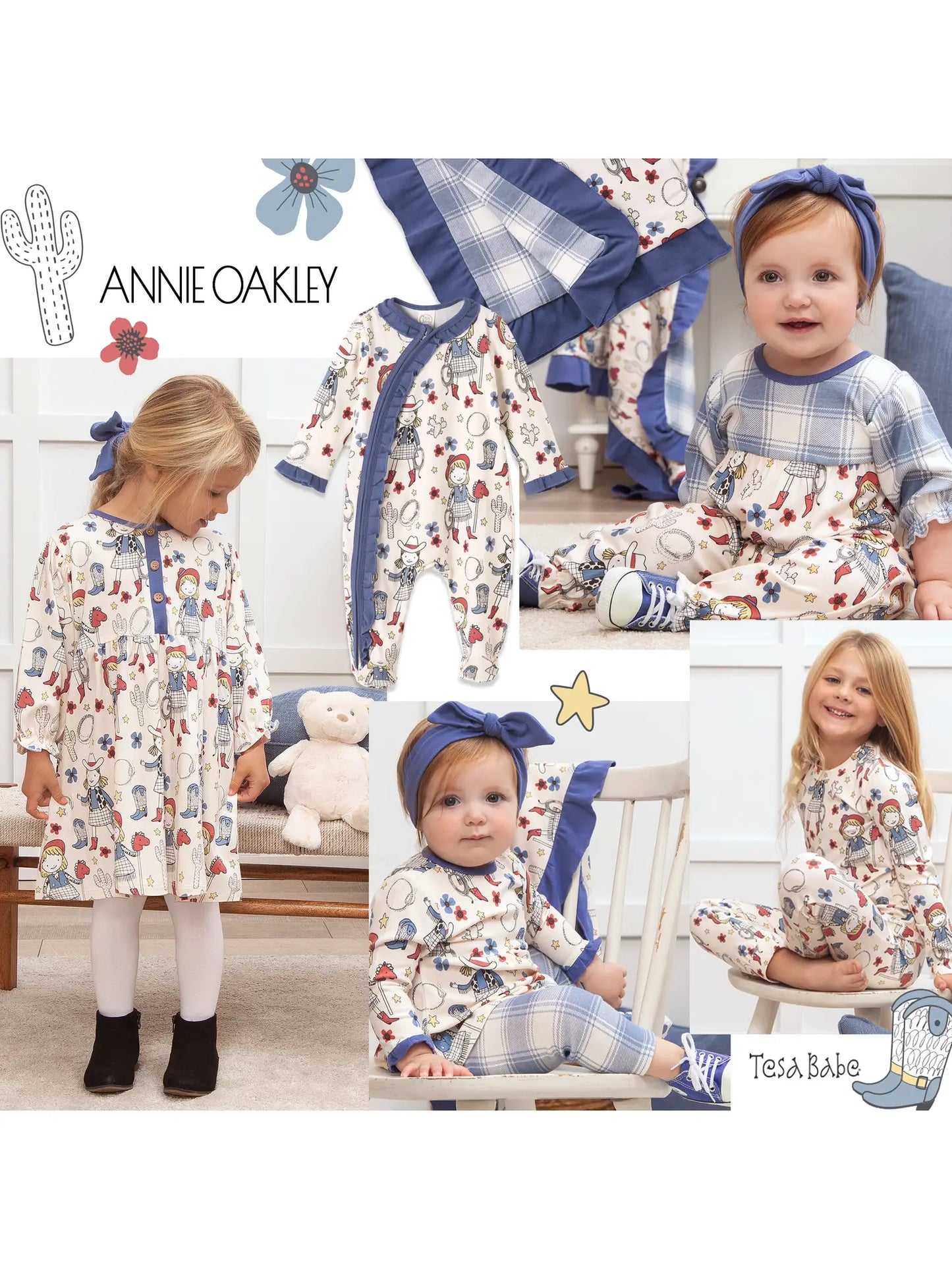Family photo in matching Annie Oakley baby and toddler outfits